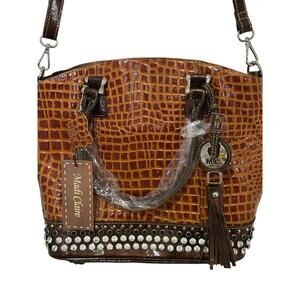 NWT! Madi Claire Brown Leather Croc Embossed Rhinestone Studded Bag